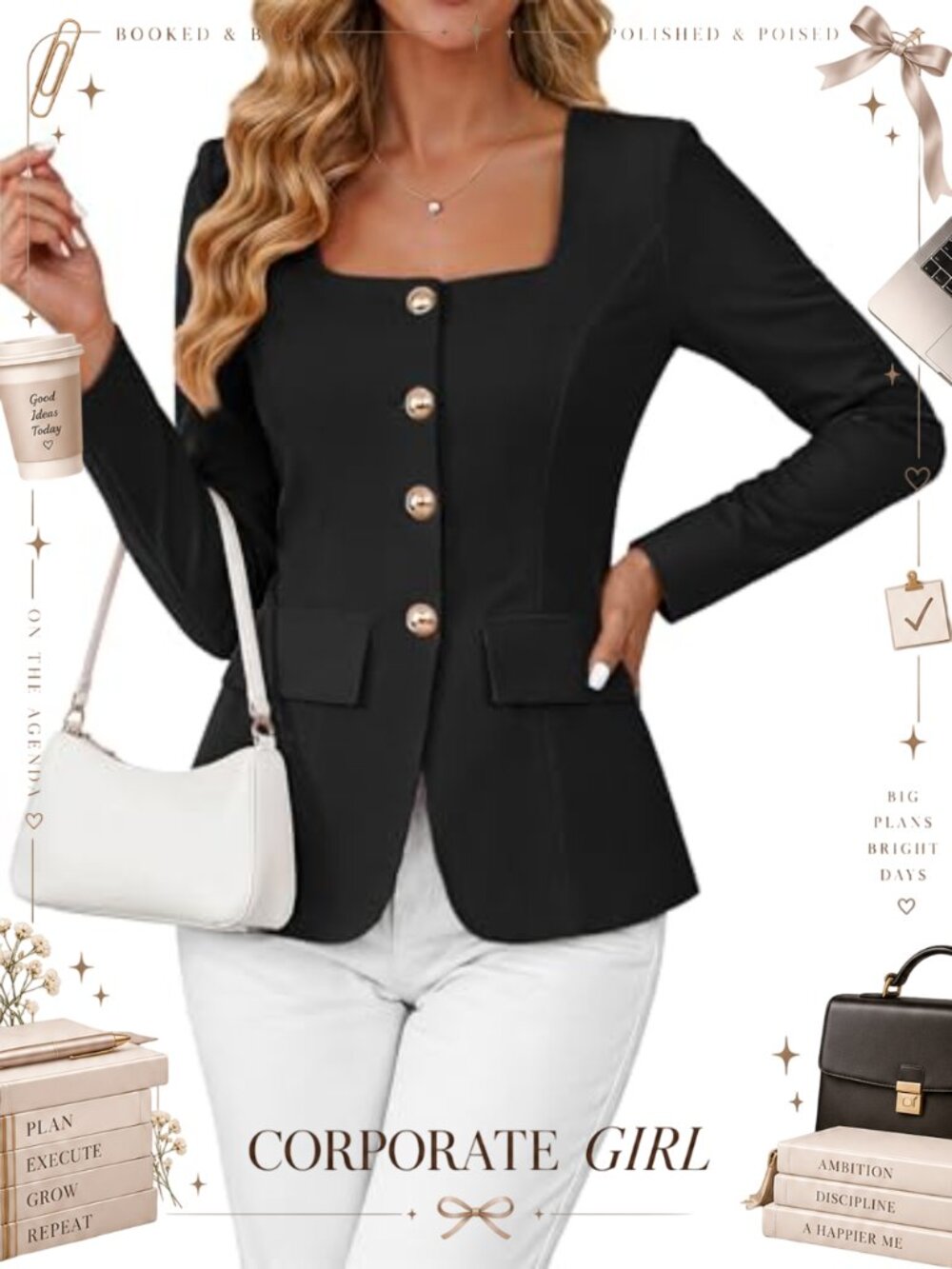 Square Neck Blazer Slim Fit Long Sleeve Business Casual Work Jacket